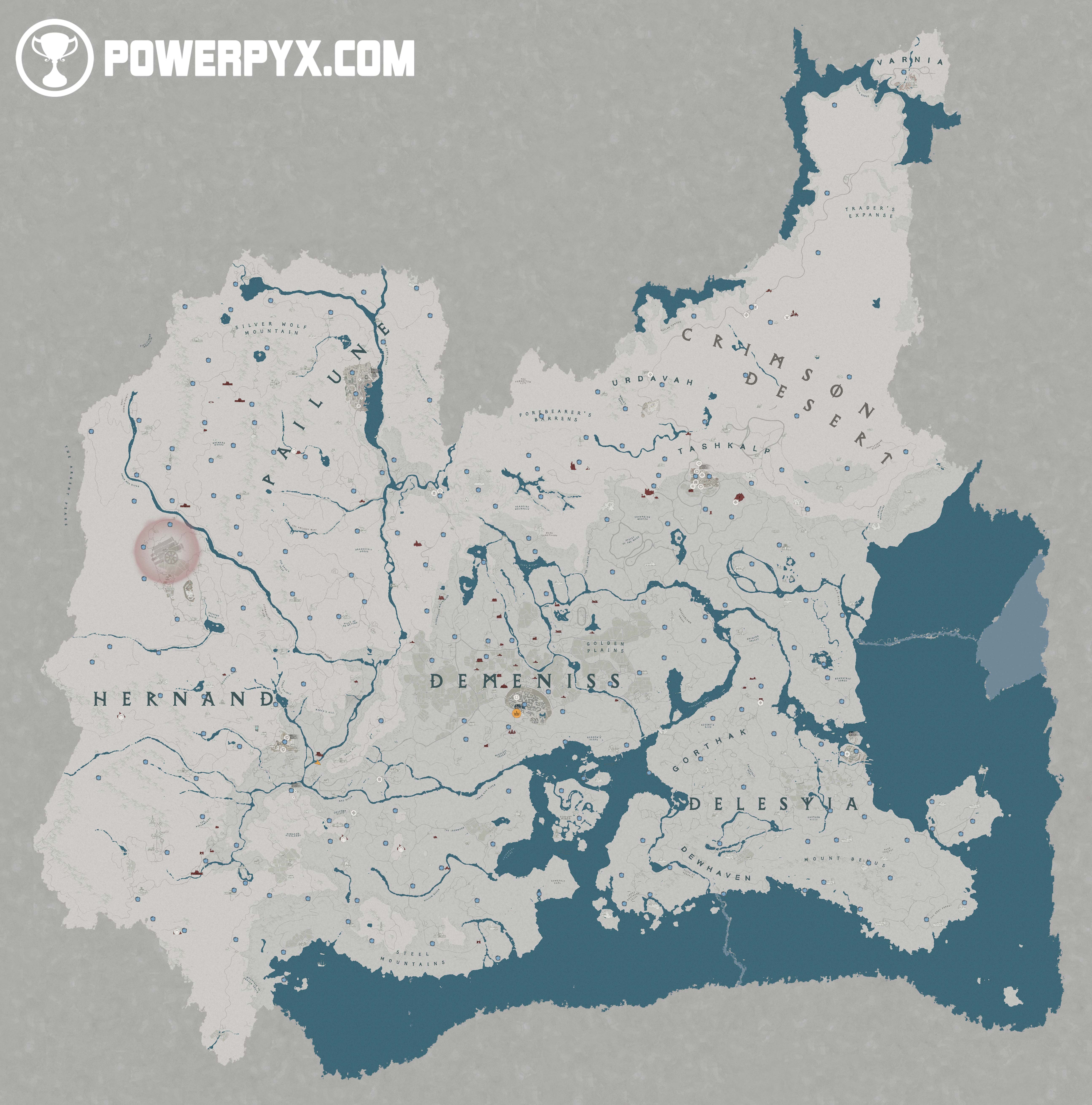 Full Pywel world map showing fast travel network